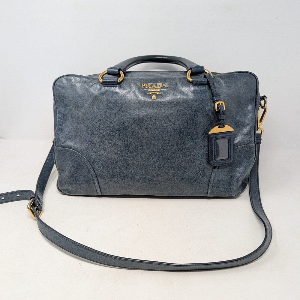 Prada Bauletto Vitello Shine Leather Satchel Bag Blue Gold Hardware
